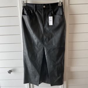 Express High Waisted Faux Leather Front Slit Midi Skirt SZ 2 XS Pitch Black 25 W